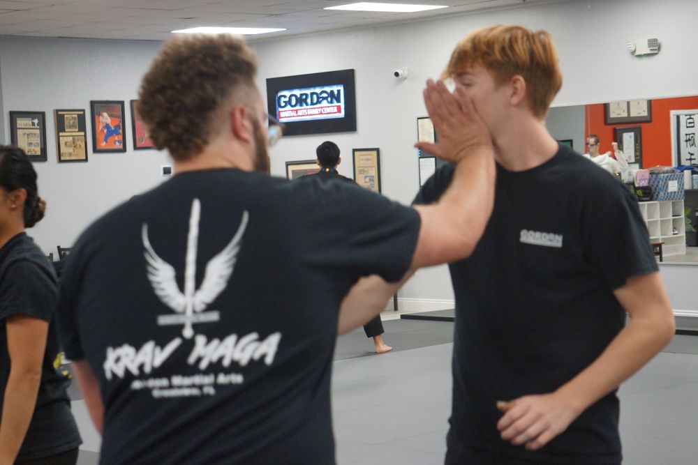 Adult Krav Maga partners working through a controlled defense drill